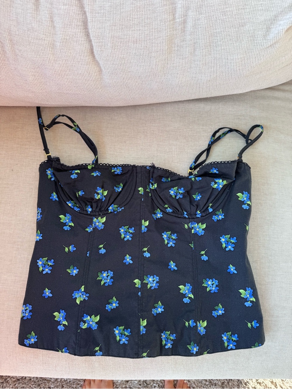 WE WORE WHAT: Black Floral Bustier Cami with Blue Flowers